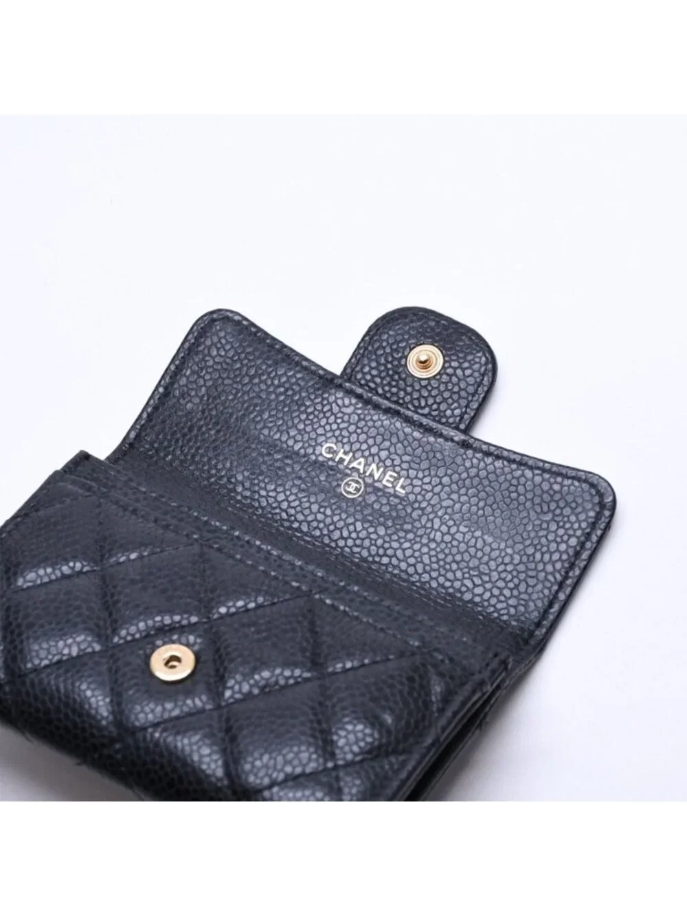 Chanel Quilted CC Logo Card Case Wallet Lambskin Black Gold